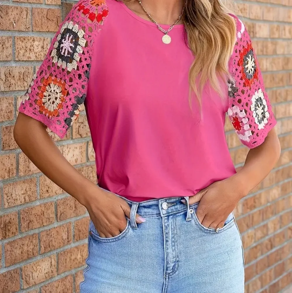 Pink Crochet Sleeve Women's Top Sz XL - Picture 2 of 4